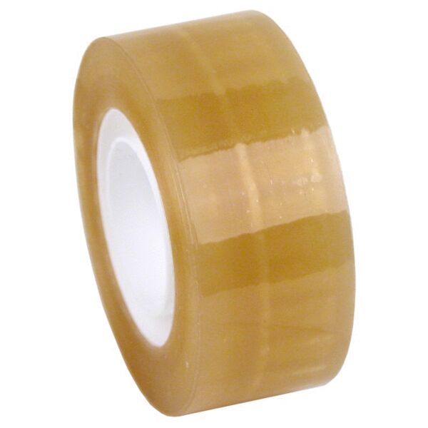 The image displays a roll of transparent tape. The roll has an inner white core and a glossy, beige surface. It is cylindrical and lies flat.