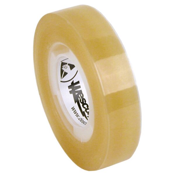 The image shows a roll of transparent tape. It has a round shape with a small inner core. The surface is smooth and shiny, and the color is light yellow.