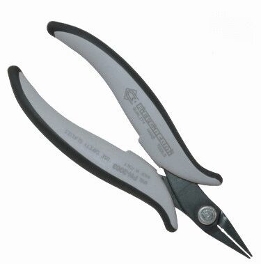 The image shows a small pair of pliers with two ergonomic handles. The handles are black and gray, and the pliers have sharp, pointed jaws for precise cutting.