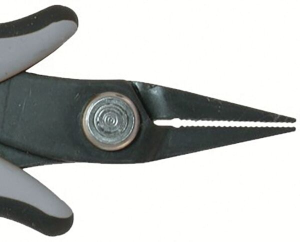 The image shows a pair of pliers with two long, narrow jaws. The handles are black with white inserts. Button in the middle for opening and closing the pliers. The jaws have a serrated edge.