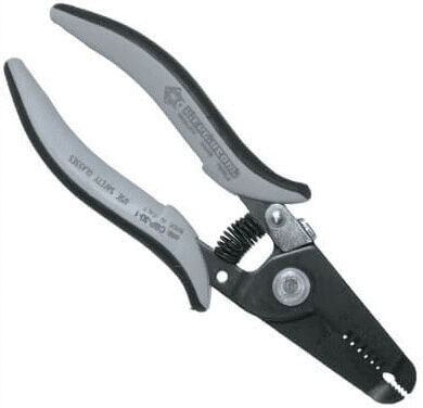 The image shows a gray and black garden shear with ergonomically shaped handles. The cutting blade is pointed, and there is a spring between the handles for automatic recoil.