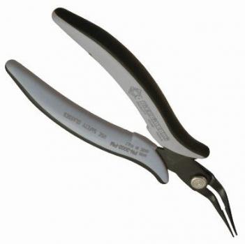 The image shows a pair of pliers with long, pointed jaws. The handle is ergonomically designed, black and gray. The pliers are well suited for precise tasks.