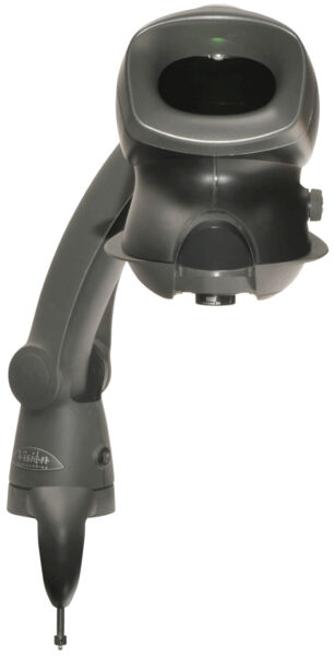 The image shows a graphic input device with a long, curved arm and a large, round head. The head has an opening and below it is a sharp drawing tip. It is black and has several controls.