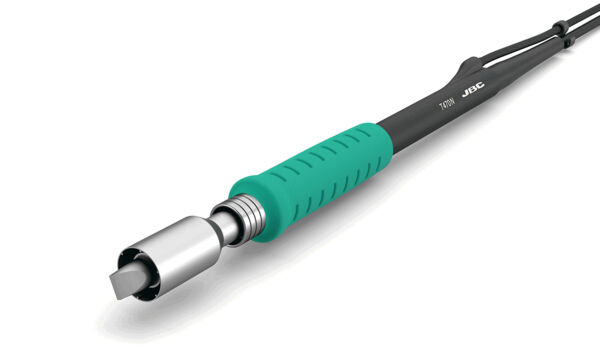 The image shows a tool with a green, non-slip handle and a metallic end that has a square cutout. It has a cable that is connected to the handle.