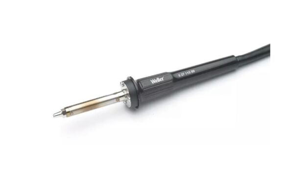 The image shows a soldering iron with a black handle and a metallic tip. The soldering iron has a cable that is connected to the heating device.