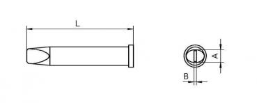 The image displays a technical drawing of a cylindrical object with a beveled tip. Side view and top view are shown, with dimensions L, A, and B.