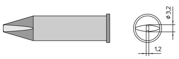 The image shows a schematic representation of a projectile. On the left, a side view with a pointed shape, and on the right, a top view with diameter specifications.