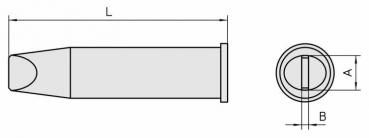 The image shows a technical drawing of an object with a sharp, elongated shape. On the left side is the side view, on the right the top view with dimensions.