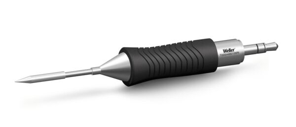 The image shows a soldering iron with a narrow, pointed metal tip and a non-slip, black handle. The handle has a textured surface for better grip.