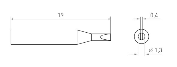 The image displays a technical drawing of an object with a length of 19 mm. It has a pointed shape, with a diameter of 1.3 mm and an opening of 0.4 mm.