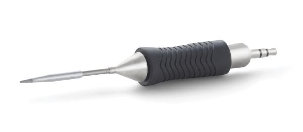 The image shows a tool that looks like a narrow pen. It has a rubberized grip with grooves for better hold and a pointed, metal working surface at the front.