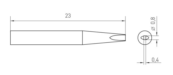 Das Bild zeigt eine technische Zeichnung eines schmalen Objekts mit einer Länge von 23 mm. Es hat eine spitze Form und eine runde Öffnung mit einem Durchmesser von 0,8 mm und einer Tiefe von 0,4 mm.