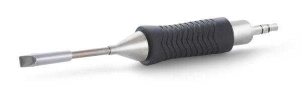 The image shows a screwdriver with a long, narrow metal tip and a rubberized, ergonomic handle. The handle has a textured surface for better grip.