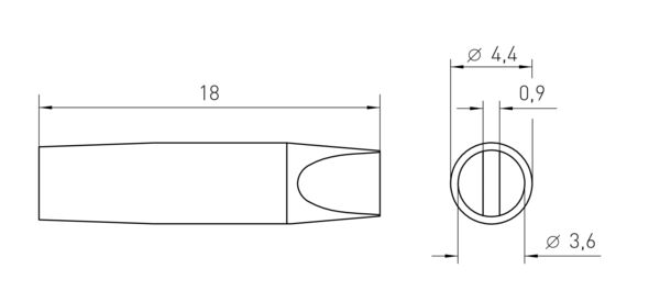 The image displays technical drawings of an object. On the left, a side view with a length of 18 mm and a rounded end. On the right, a top view showing a circle. Dimensions are provided.