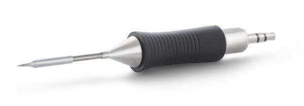 The image shows a writing instrument with a slender, metallic tip and a rubberized grip. The grip is black with grooves and the tip is pointed and silver.