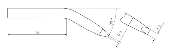 The image displays a technical drawing of a tool with one straight and one curved end. Several measurements are indicated: 16 mm, 30°, 0.5 mm, and 1.3 mm for different parts.