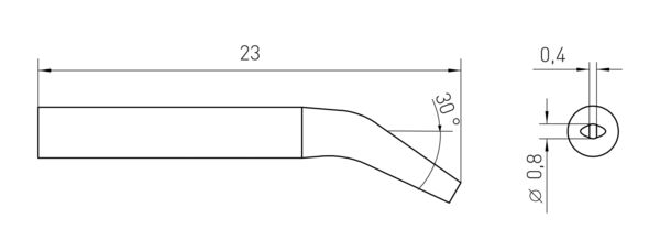 The image shows a technical drawing of a curved object with the dimensions: length 23 mm, a bend of 30°, and a diameter of 0.8 mm at one end.