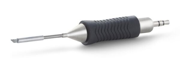 The image shows a tool handle with a metallic attachment. The handle has a rubberized, non-slip surface and tapers towards the end. The attachment is pointed and flat.