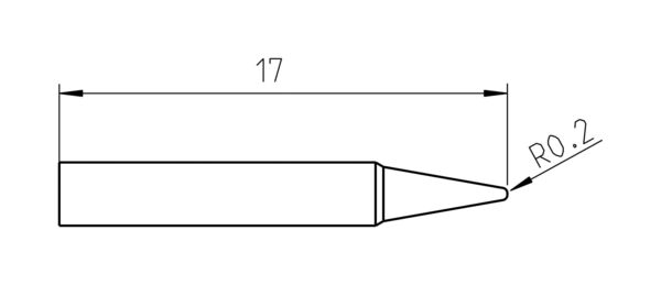 Das Bild zeigt eine technische Zeichnung eines Objekts, das 17 Einheiten lang ist. Es hat einen zylindrischen Körper und eine spitz zulaufende Spitze mit einem Radius von 0,2.