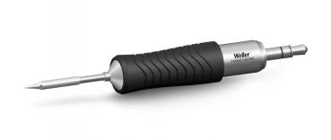 The image shows a soldering iron with a streamlined, rubberized handle. The tip is metallic and tapered. The handle has a non-slip texture for better grip.