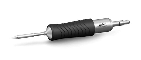 The image shows a soldering iron with a long, black handle that is ridged for better grip. The tip is made of metal and has a conical shape.