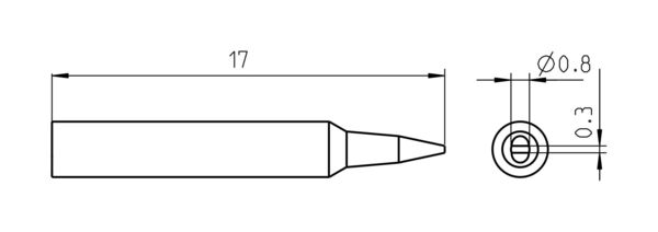 Das Bild zeigt eine technische Zeichnung eines spitzen Metallobjekts. Es hat eine Länge von 17 mm und verjüngt sich zur Spitze. Die Querschnittsdimensionen sind Ø0,8 mm und Ø0,3 mm.