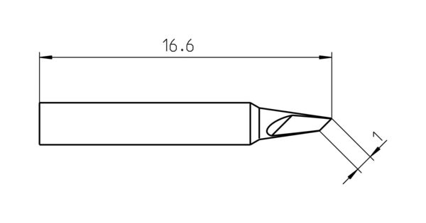 Das Bild zeigt eine technische Zeichnung eines Werkzeugs mit einer Länge von 16,6 Einheiten. Die Kante ist schräg und hat eine Öffnung an der Spitze, die leicht abgeschrägt ist.