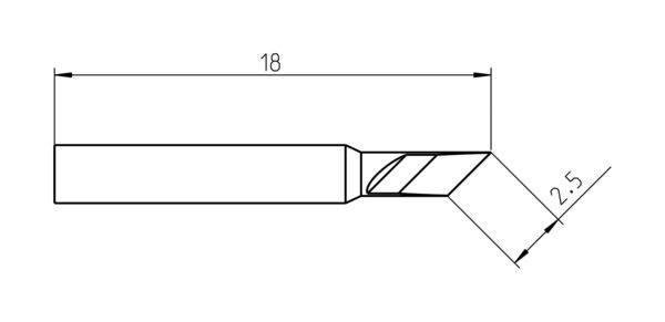 The image displays a technical drawing of a tool. It features a straight, wide edge and an angled tip. Dimensions are provided: 18 mm wide, 2.5 mm height.