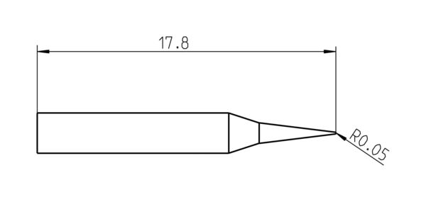 Das Bild zeigt eine technische Zeichnung eines Objekts mit einer Länge von 17,8 mm und einer spitzen, abgerundeten Form. Die Spitze ist leicht geneigt und hat einen Radius von 0,05 mm.