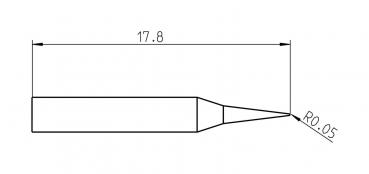 Das Bild zeigt eine technische Zeichnung eines länglichen Objekts mit einer Kante, die an einem Ende spitz zuläuft. Die Höhe ist mit 17,8 mm und eine Rundung mit R0,05 angegeben.