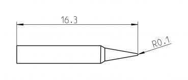 Das Bild zeigt eine technische Zeichnung eines Objekts mit einer Länge von 16,3 Einheiten und einer spitz zulaufenden Form. An einem Ende befindet sich ein radius von 0,1.