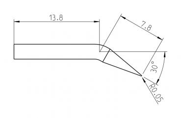 Das Bild zeigt eine technische Zeichnung eines Werkzeugs. Es hat eine Länge von 13,8 und eine Breite von 7,8 mm, mit einer spitzen, schrägen Kante und einem Radius von 0,05 mm.