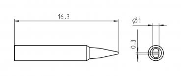 Das Bild zeigt eine technische Zeichnung eines Teils. Es hat eine längliche Form mit einer spitzen Spitze. An einer Stelle sind Durchmesser und Maße angegeben: 16.3 mm, Ø1 mm und 0.3 mm.