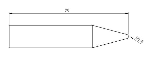 The image displays a technical drawing of an object measuring 29 mm in length with a tapered shape. A curve with a radius of 0.4 mm is located at the tip.