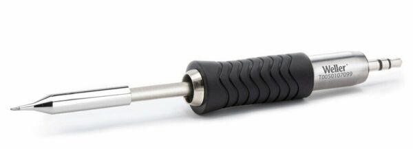 The image shows a screwdriver with an ergonomic, rubberized black-striped handle. The metal tip is shiny and narrow, the handle has a silver surface.