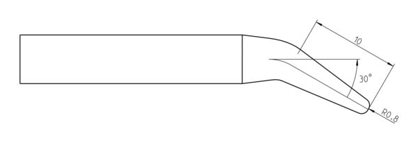 The image shows a technical sketch of a tool with a straight, elongated handle and a narrow, downward-bent tip. Dimensions and angles are marked.