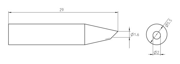 The image shows a technical drawing of a cylindrical object with a pointed shape. It has various diameters and length specifications: 29 mm long, with a diameter of 1.6 mm at the tip and 5.5 mm in the middle.