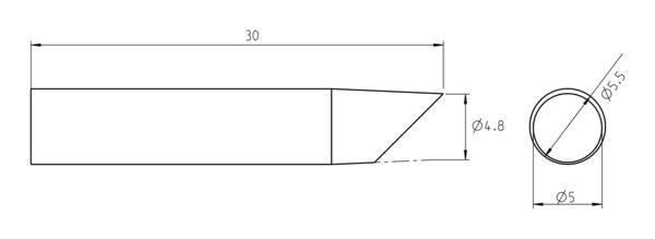 The image displays a technical drawing of an object with a length of 30 mm, a narrow, tapered end, and a diameter of 5 mm at the tip. To the right, there is a view of the cross-section.