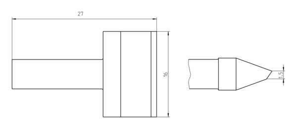 The image displays a technical drawing of a cylindrical object with a length of 27 mm and a diameter of 16 mm. At one end, it tapers to a point.