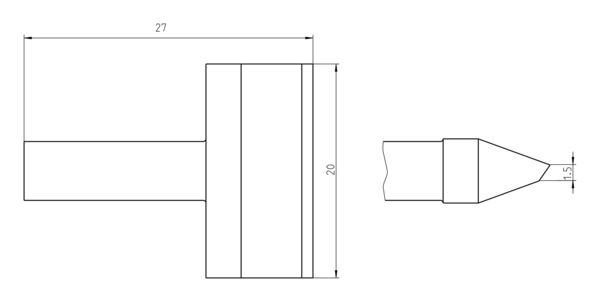 The image displays a technical drawing of a component. It has a cylindrical shape with a shorter, tapered end. Dimensions are provided: 27 mm and 20 mm high.