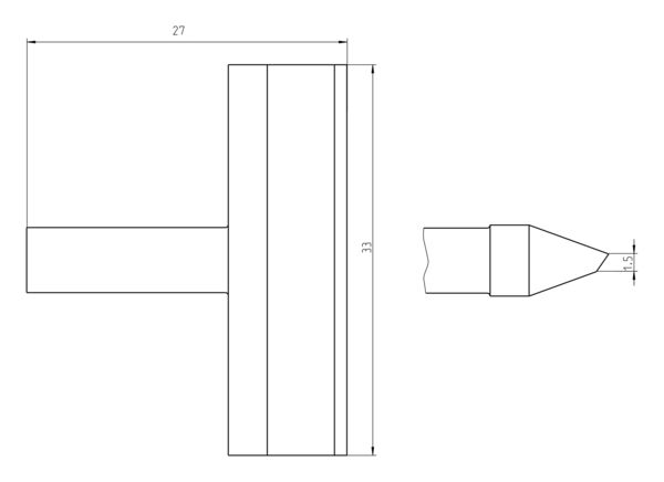 Das Bild zeigt eine technische Zeichnung eines Bauteils. Es hat eine T-Form mit den Maßen 27 mm Breite und 33 mm Höhe. An einem Ende verjüngt sich das Teil zu einer Spitze.