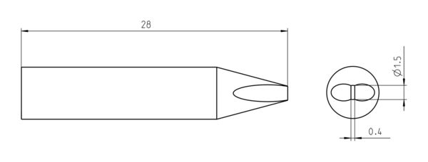 The image displays a technical drawing of a cylindrical object with a rounded tip and a side view. The dimensions are marked: length 28 mm, diameter 1.5 mm (upper edge) and 0.4 mm (lower edge).