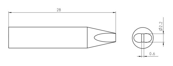 Das Bild zeigt eine technische Zeichnung eines zylindrischen Objekts mit einer spitzen Vorderseite und einem runden Querschnitt. Die Maße sind angegeben: Länge 28 mm, Durchmesser 2,2 mm.