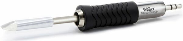 The image shows a soldering iron with a black, ribbed handle and a metallic tip. The handle has an ergonomic shape for better grip.