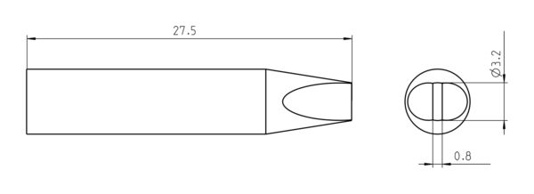 Das Bild zeigt eine technische Zeichnung eines zylindrischen Objekts mit einer spitzen Form an einem Ende. Es sind Maßangaben in Millimetern vorhanden: 27,5, 3,2 und 0,8.