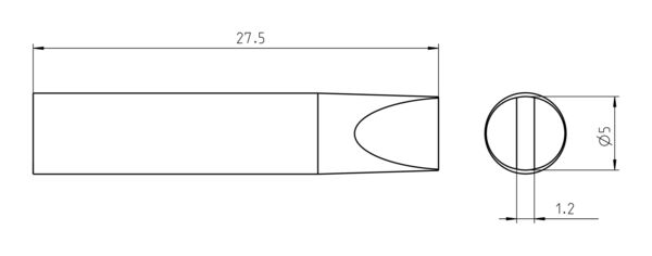 The image shows a technical drawing of an elongated, pointed object with dimensions of 27.5 mm and a diameter of 5 mm at one point. The shape is simple and symmetrical.