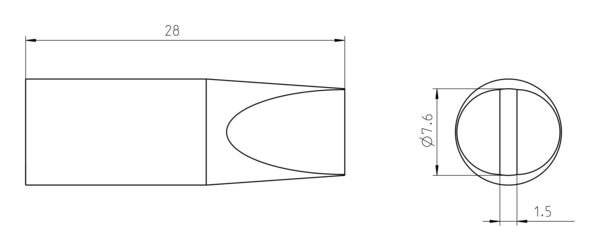 The image displays a technical drawing of an object. On the left is a side view with a length of 28 mm and a sharp, rounded shape. On the right is the top view, round with a diameter of 7.6 mm and a thickness of 1.5 mm.