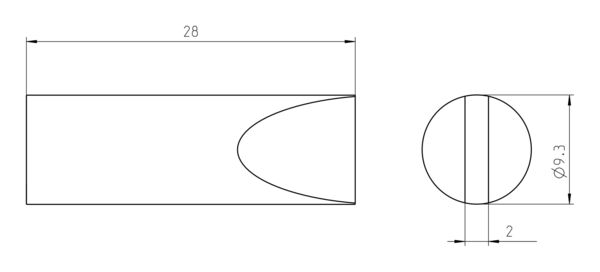 The image displays technical drawings of an elongated object with a rounded tip. On the left, the length measurements are provided; on the right, a cross-section with a diameter of 9.3 mm is shown.