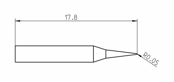 The image displays a technical drawing of an object measuring 17.8 mm in length. It features a straight, wide shaft that tapers to a pointed, rounded corner with a radius of 0.05 mm.