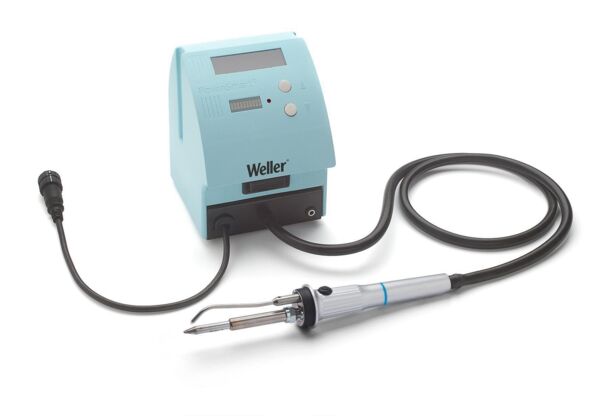 The image shows a light blue soldering station. It features a digital display, buttons, and a cable connected to a wooden soldering iron. The iron has a handle-like shape.